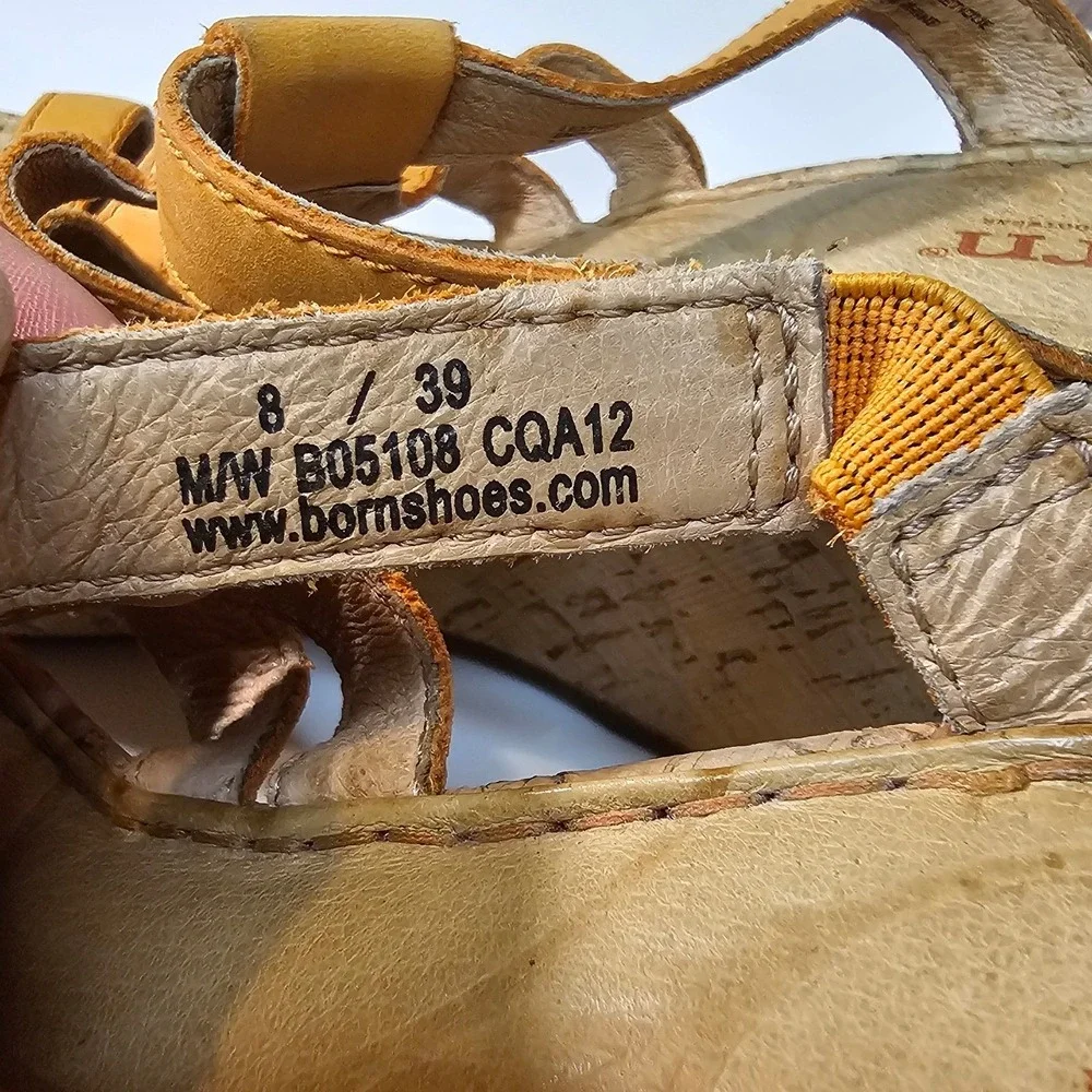 Born Mustard Yellow color Leather Cork Strappy Wedge Sandals Womens 8